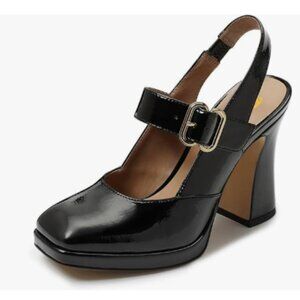 FYS Black Platform Square Toe Pumps Block High Heel Mary Janes Slingback Shoes